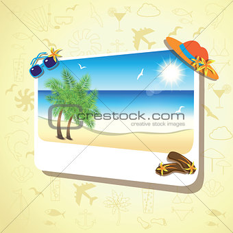 Picture of the sand beach landscape with palm branches on colorful background.