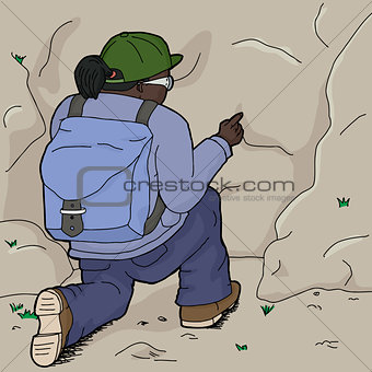 Female Hiker Pointing at Rock