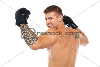 Portrait of male winner boxer, champion