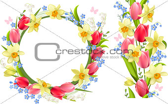 Frame and seamless border with spring flowers