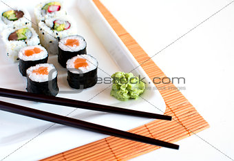  Delicious sushi rolls on white plate with chopsticks 