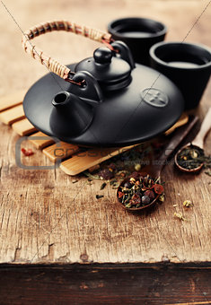Chinese clay teapot and dry tea