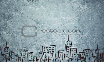 Concrete gray wall with fissure. Sketch of buildings