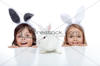 Kids with their white rabbit pet