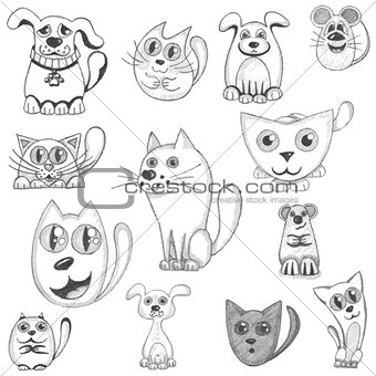Hand drawn cats, dogs and mouse set