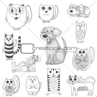 Hand drawn cats and dogs set