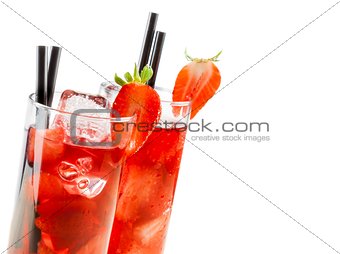 glasses of strawberry cocktail with ice isolated with strawberry on top