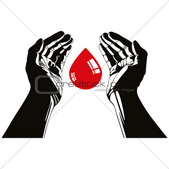Hand with blood drop vector symbol.