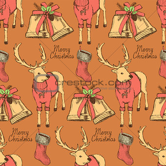 Sketch fancy reindeer in vintage style with bell and stocking