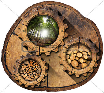 Lumber Industry - Gears on Tree Trunk