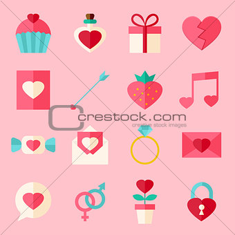 Valentine day flat icon set over light pink