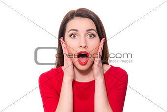 Adorable woman with red lipstick standing in awe looking at came