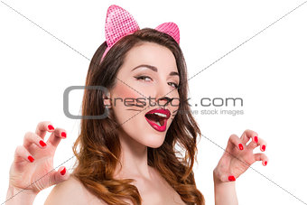 Cat-woman make-up on beautiful young girl. lipstick, nailpolish 
