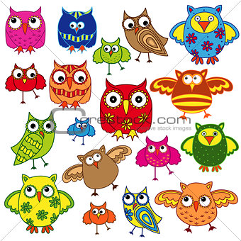 Set of eighty colourful owls