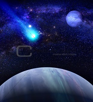 Galaxy background with planet and comet