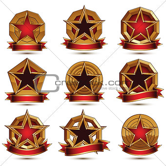 Collection of geometric vector round glamorous golden elements, 