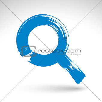 Hand-painted blue magnifying glass icon isolated on white backgr