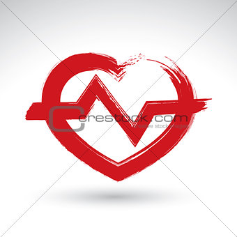 Hand drawn red heart icon, brush drawing heart sign with electro