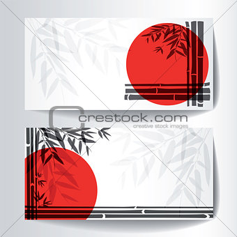 Banners with bamboo trees and leaves with red sun on white background.