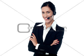 Confident smiling female customer support staff
