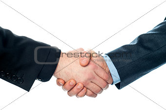 Businessmen shaking hands, closeup shot.
