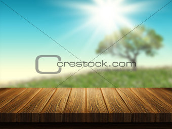 Wooden table with tree landscape in background