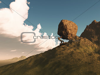 3D render of a man pushing a rock up a mountain