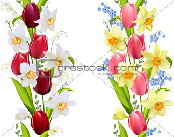 Two seamless borders with spring flowers
