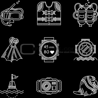 White line vector icons for diving