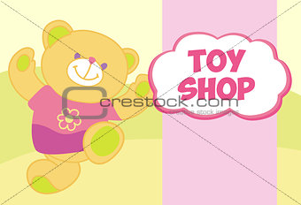 Vector banner with a teddy bear. Template for advertising children's store. Toy shop.