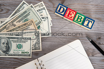Dollars and debt word.