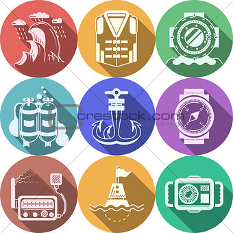 Diving flat color icons vector collection