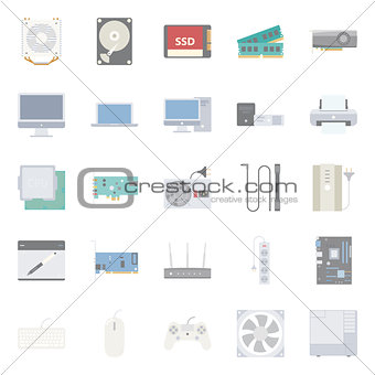 Computer components and peripherals flat icons set