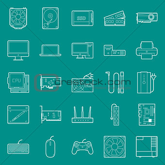 Computer components and peripherals thin lines icons set