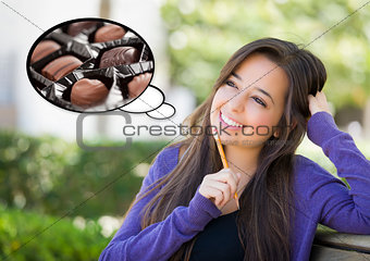Pensive Woman with Chocolate Candy Inside Thought Bubble