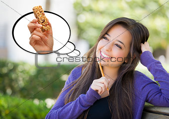 Pensive Woman with Snack Bar Inside Thought Bubble