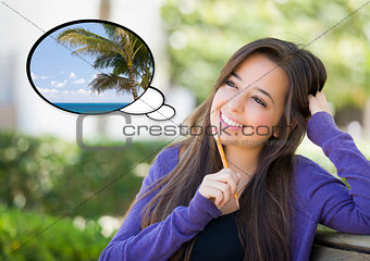 Pensive Woman with Tropical Scene Inside Thought Bubble