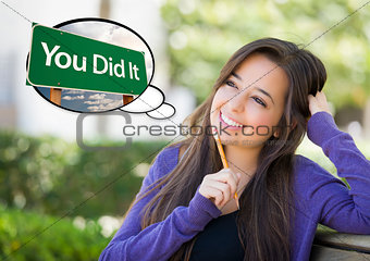 Young Woman with Thought Bubble of You Did It Sign