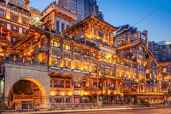Chongqing, China at Hongyadong Hillside Buildings.