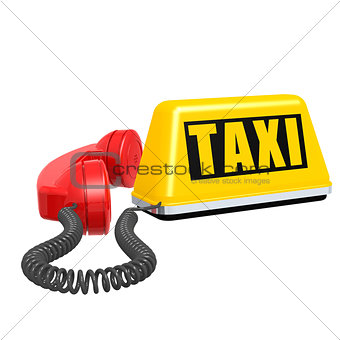 Taxi car sign and telephone on white isolated background