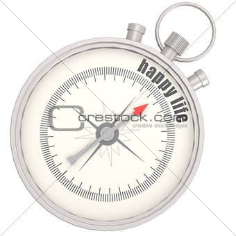 Compass with needle pointing the text happy life