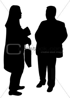 silhouettes of two people standing and talking to each other