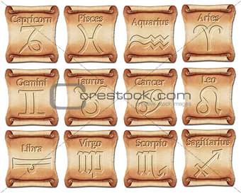 Set of zodiac symbols on ancient scrolls
