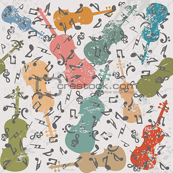 Grunge vintage background with violins and musical notes