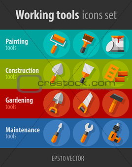 Working tools for construction and maintenance flat icons set