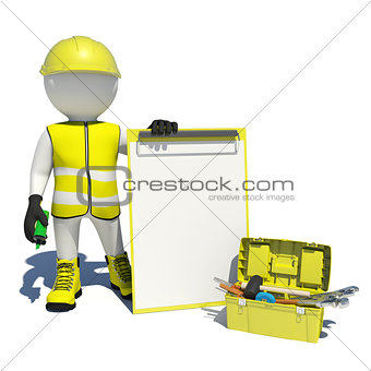 White man in special clothes, shoes and helmet holding clipboard, soft-tip pen green. Background of toolbox