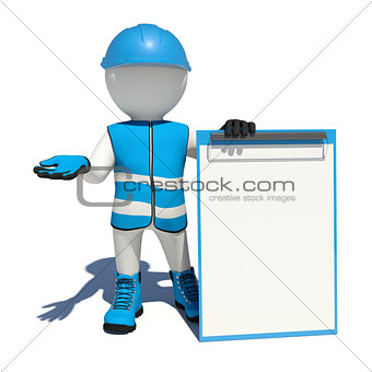 White man in special clothes, shoes and helmet holding clipboard