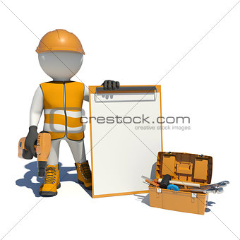 White man in special clothes, shoes and helmet holding clipboard, with hand drill. Background of toolbox