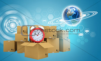 Postal boxes on them alarm clock. Backdrop of earth and hexagon