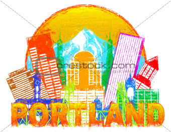 Portland Oregon Skyline Circle Color Impressionist Illustration